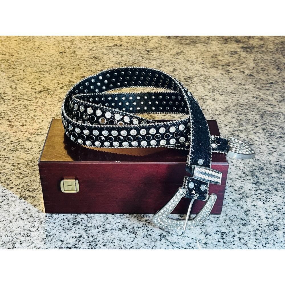 Black Western Rhinestone Cowboy Wide Silver Belt Men’s XL